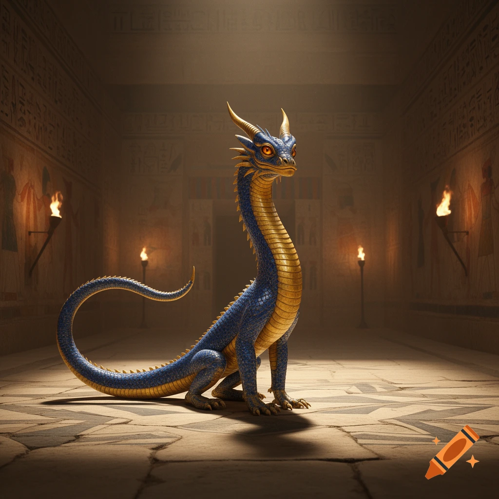 A blue and gold dragon-like creature with a long neck and tail sits in an ancient, torch-lit temple with hieroglyphs on the walls.