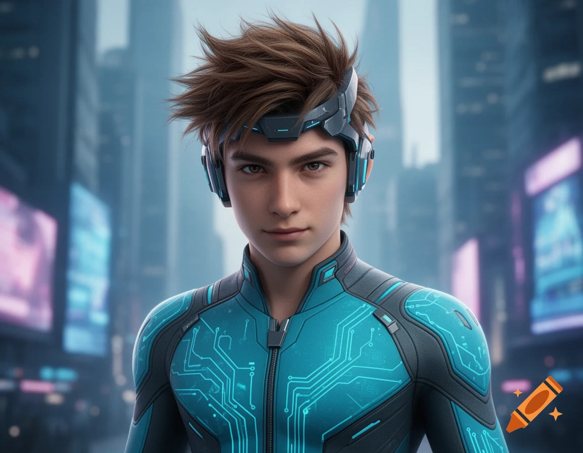 A young man in a teal and gray futuristic suit with glowing circuit patterns and a headset stands in a blurred cyberpunk city.
