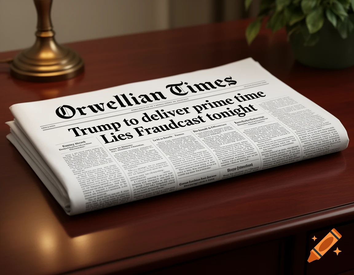 A newspaper with "Orwellian Times" masthead and the headline "Trump to deliver prime time Lies Fraudcast tonight" on a wooden desk.