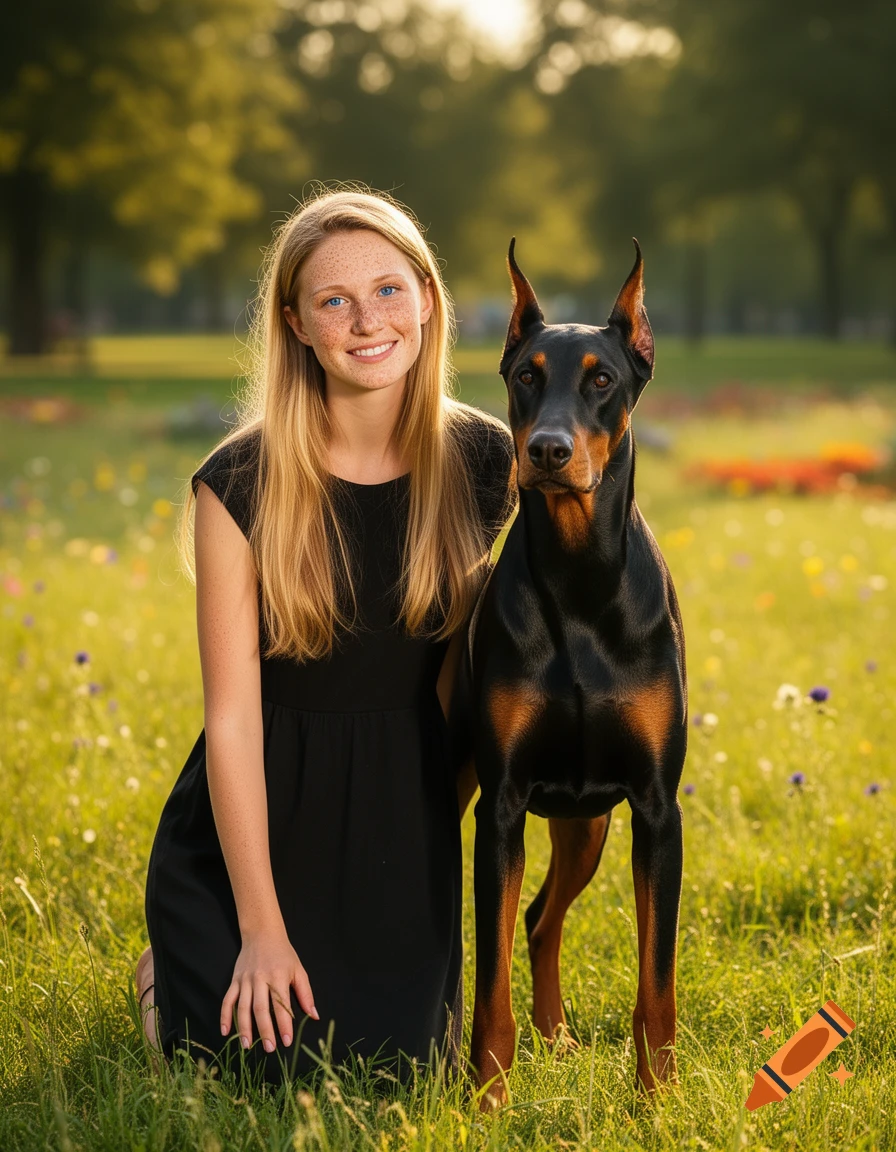 A young woman with freckles and long blonde hair kneels beside a black and tan Doberman in a sunlit grassy park.