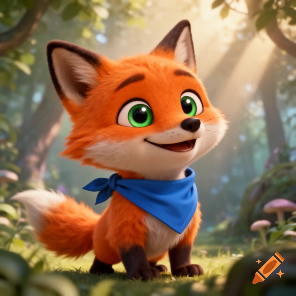 A friendly, orange 3D cartoon fox with green eyes and a blue bandana smiles in a sun-dappled forest.
