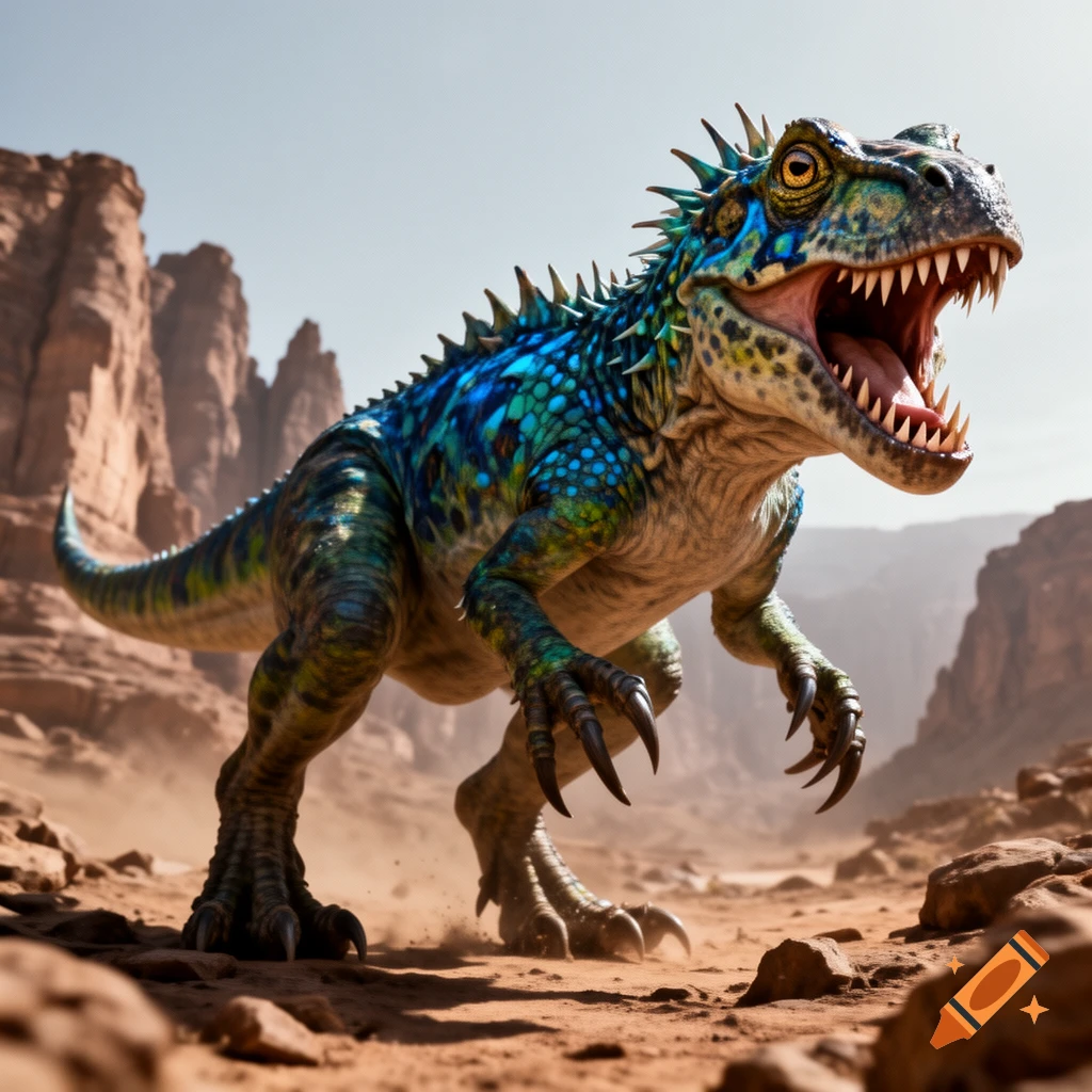 A vibrant, photorealistic hybrid dinosaur with blue and green scales stands roaring in a dusty desert canyon.