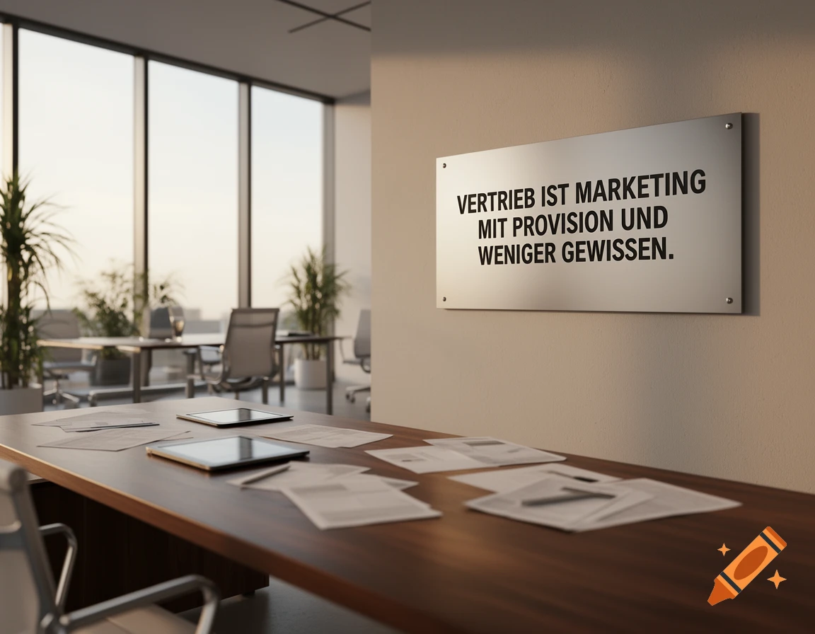 Photorealistic modern office interior with a sign on the wall displaying the text: 'Vertrieb ist Marketing mit Provision und weniger Gewissen.'