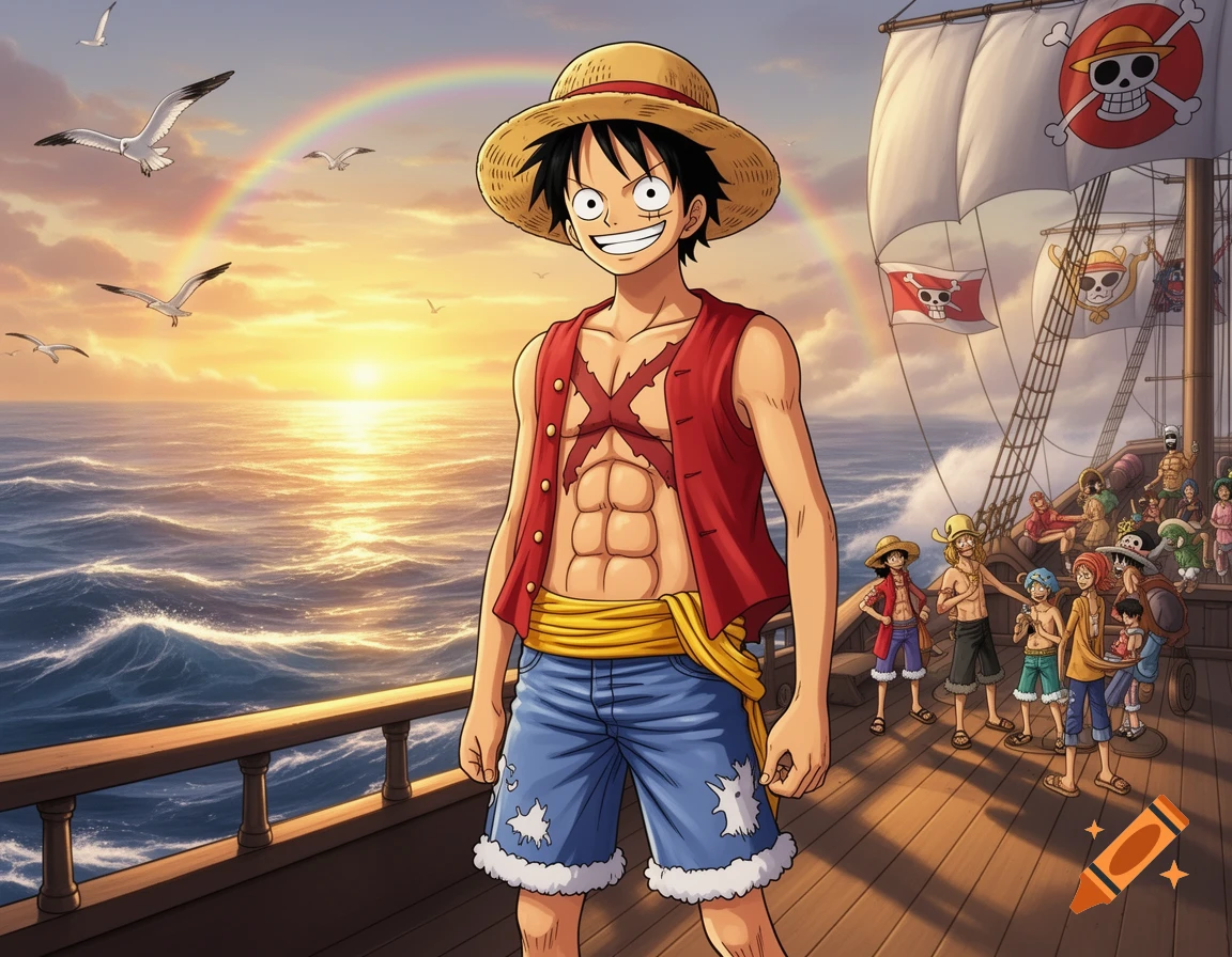 Luffy, a smiling young man in a straw hat, red vest, and blue shorts, stands on a pirate ship deck at sunset with his crew and a rainbow.