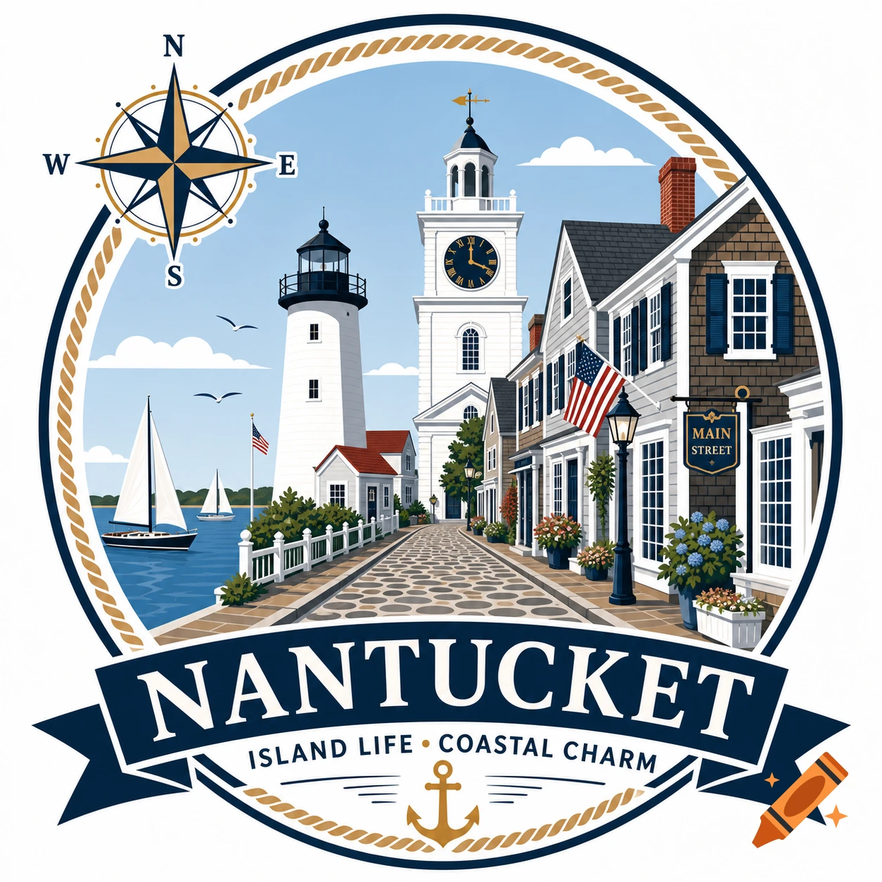A stylized illustration of Nantucket featuring a lighthouse, clock tower, Main Street shops, sailboats, and a compass rose, with text 'NANTUCKET ISLAND LIFE COASTAL CHARM'.