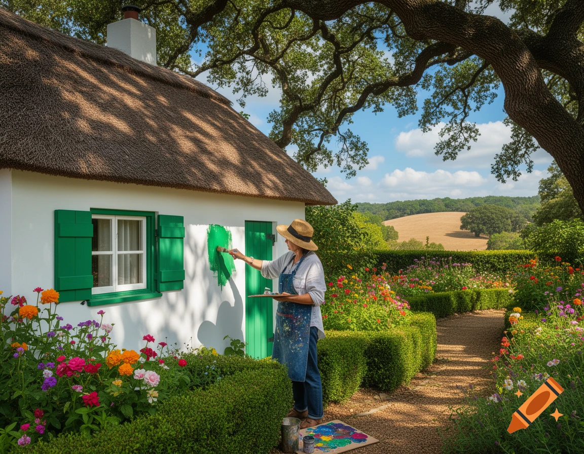 A woman in a straw hat and denim apron paints a green stripe on a white thatched cottage, surrounded by a vibrant flower garden.
