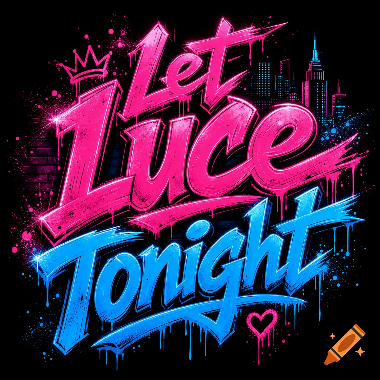 Neon pink and blue graffiti text 'Let Luce Tonight' with a cityscape background and paint splatters.