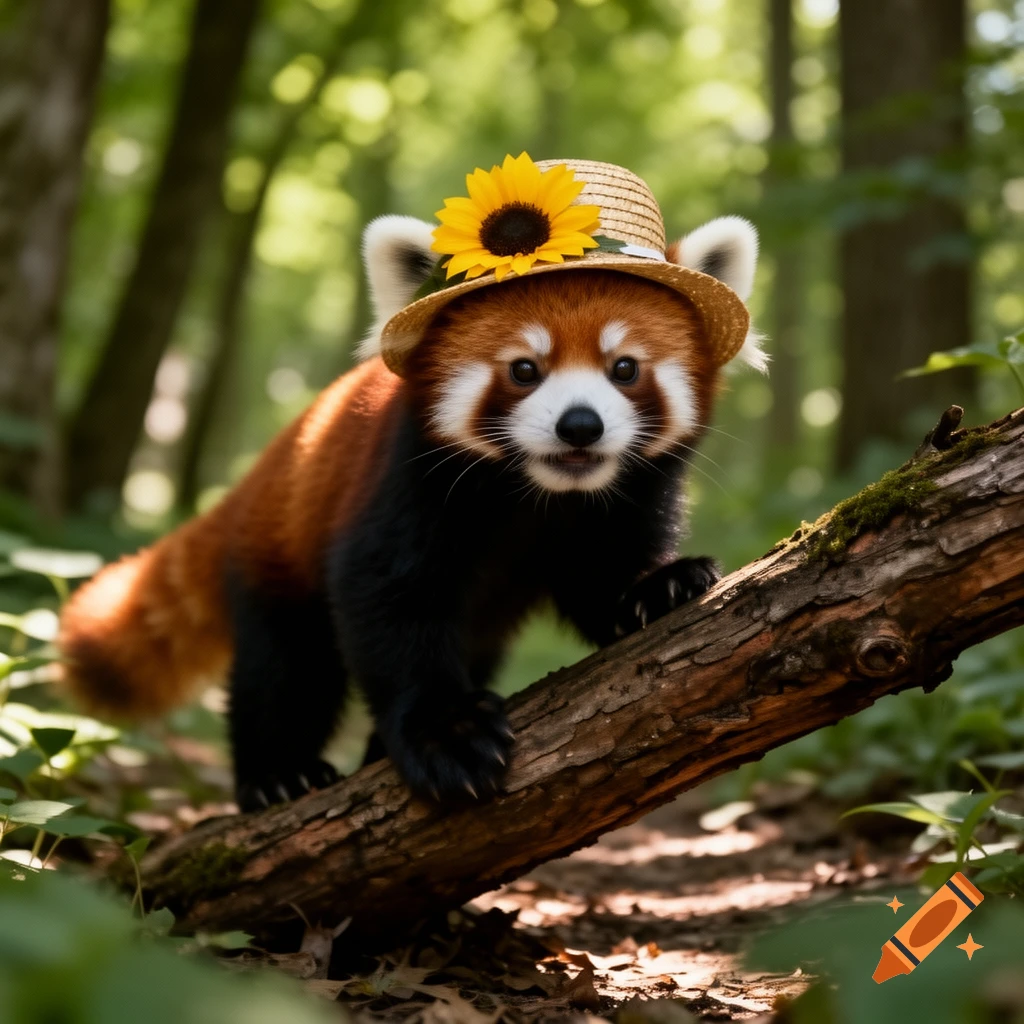 A cute red panda wearing a straw hat with a sunflower, climbing a mossy log in a sunlit forest.