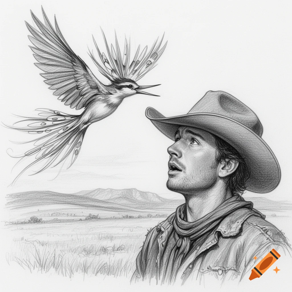 Pencil sketch of a cowboy looking up in surprise at a bird with elaborate tail feathers and crest flying close to his face.