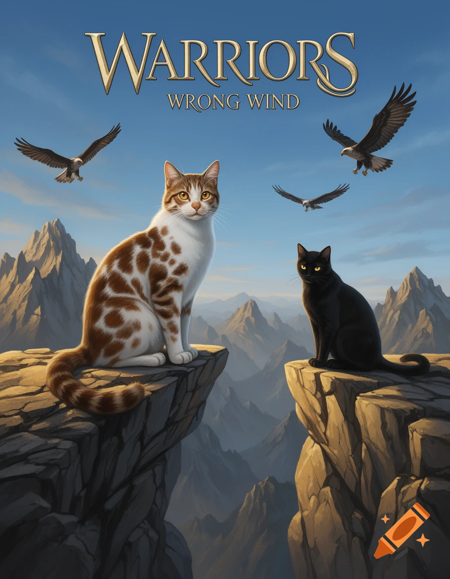 A brown-and-white splotched cat and a black cat sit on rocky cliffs overlooking mountains with eagles flying and the title 'WARRIORS WRONG WIND'.