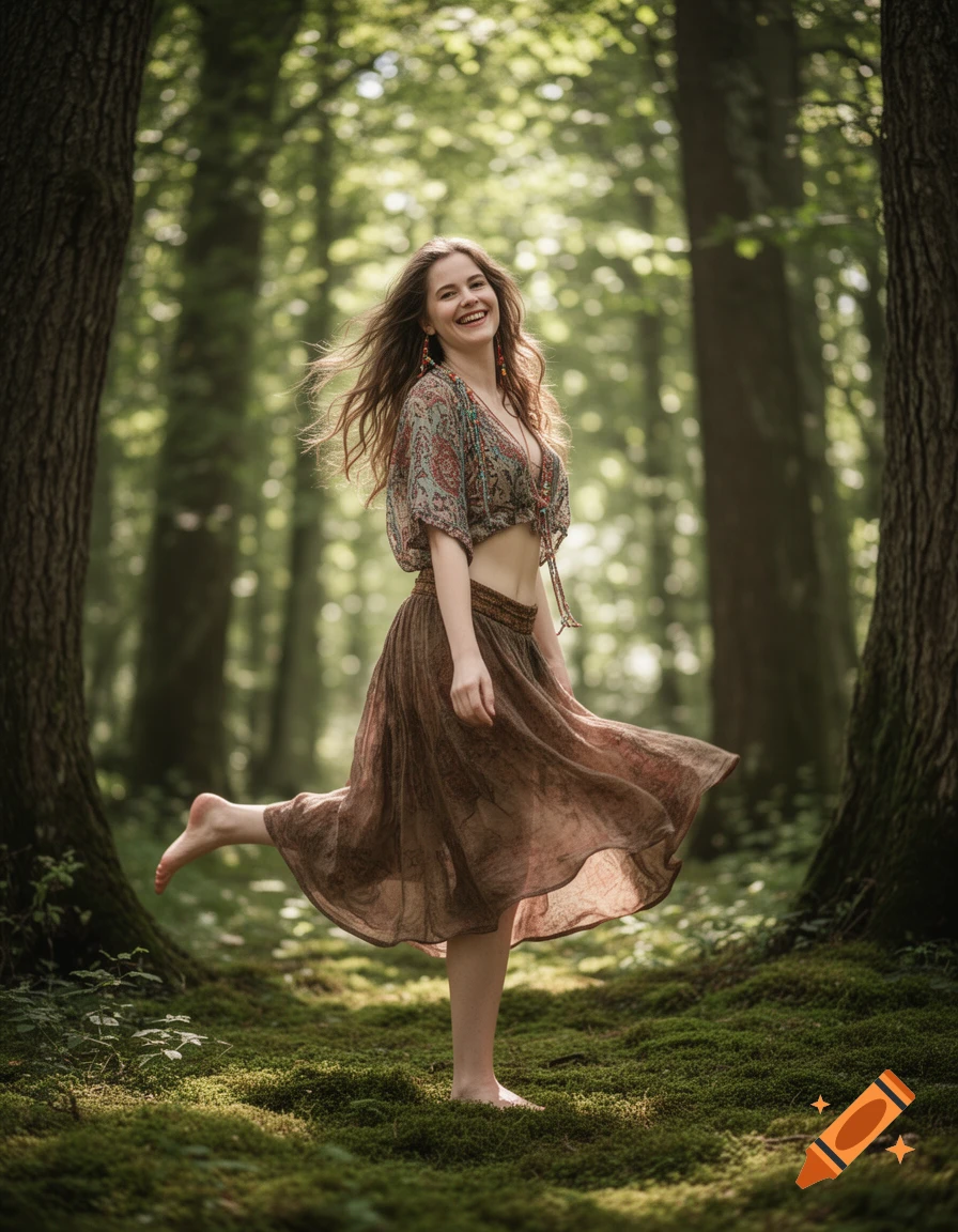 A smiling woman in midriff-baring boho-chic attire stands barefoot in a sunlit forest, posing with one leg raised.