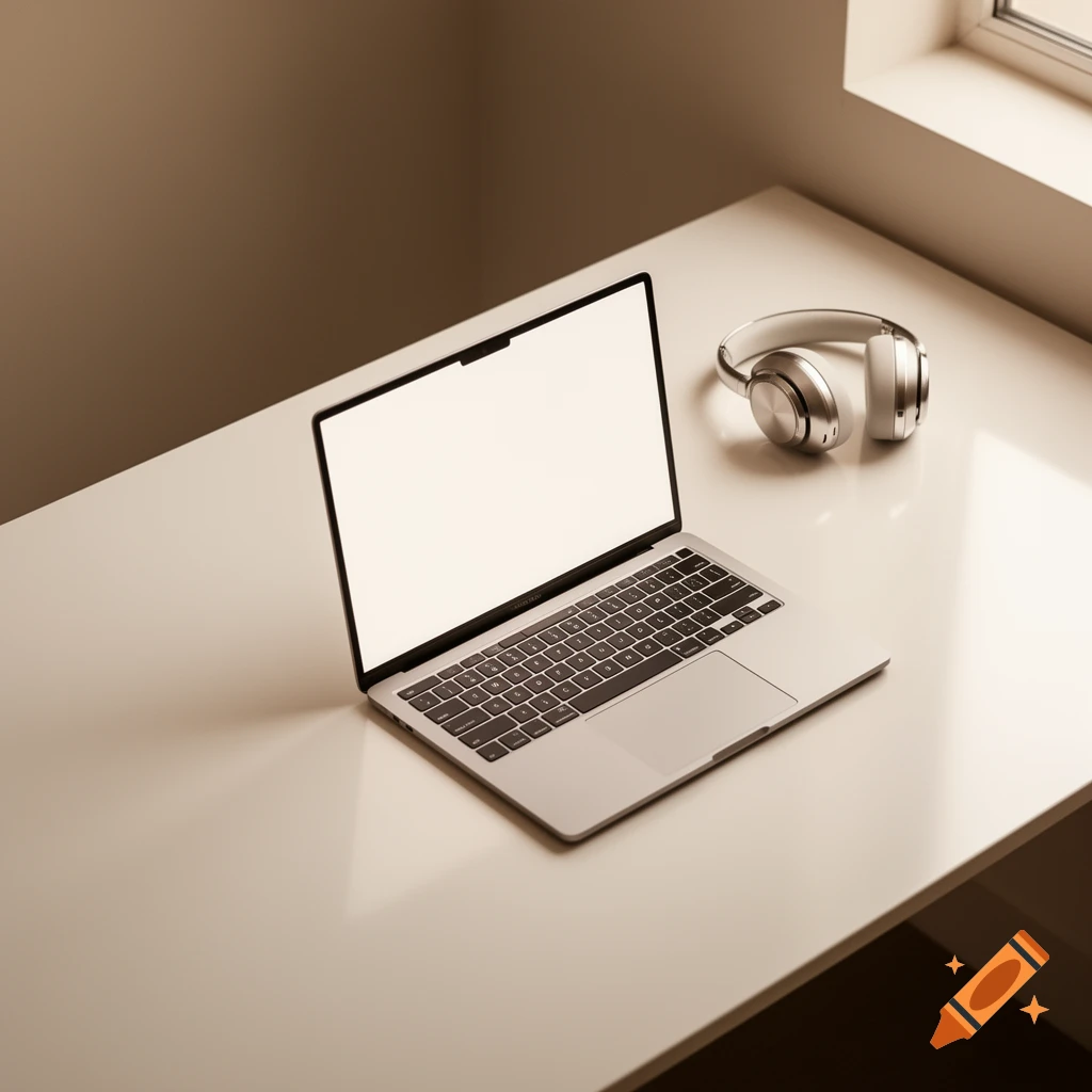 A silver laptop with a blank screen sits open on a white desk, next to silver over-ear headphones, bathed in warm light from a window.