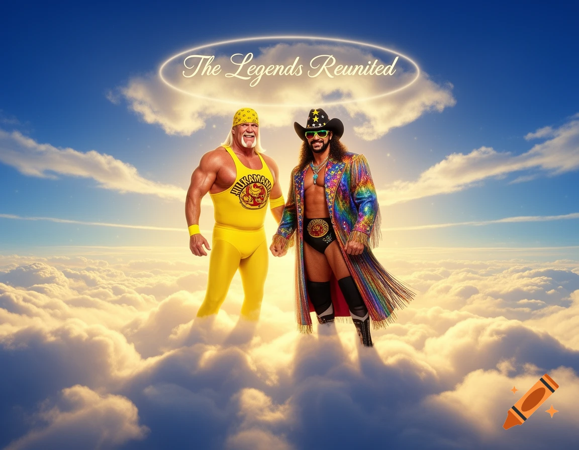 Photorealistic image of Hulk Hogan and Macho Man Randy Savage standing on clouds under a glowing halo with "The Legends Reunited".