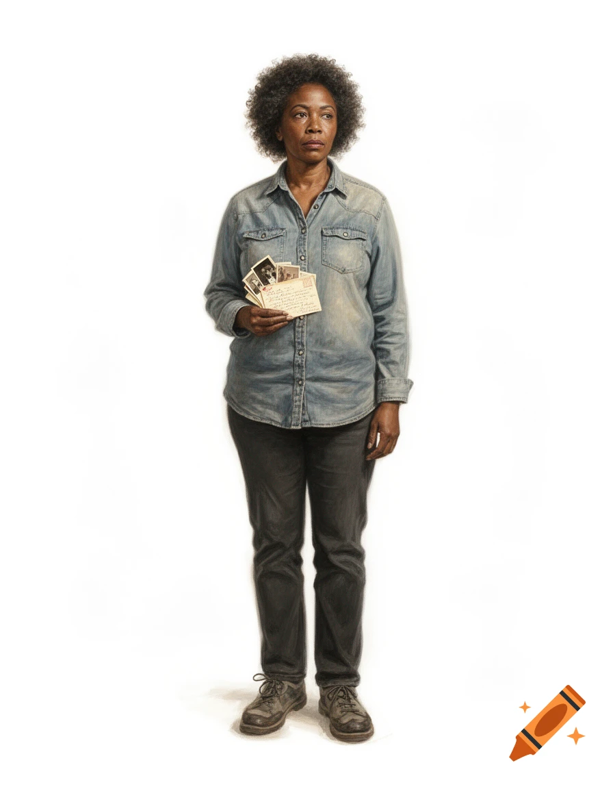 Full body portrait of an African American woman with natural curls, wearing a denim shirt and dark trousers, holding old photos and handwritten letters. Photorealistic.