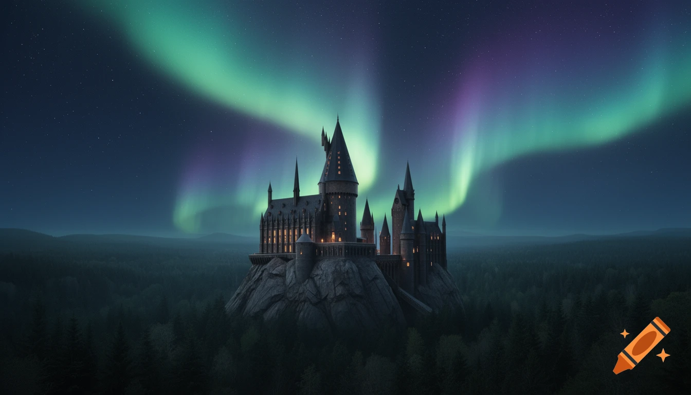Hogwarts castle under a vibrant green and purple aurora borealis, surrounded by a dark forest at night.