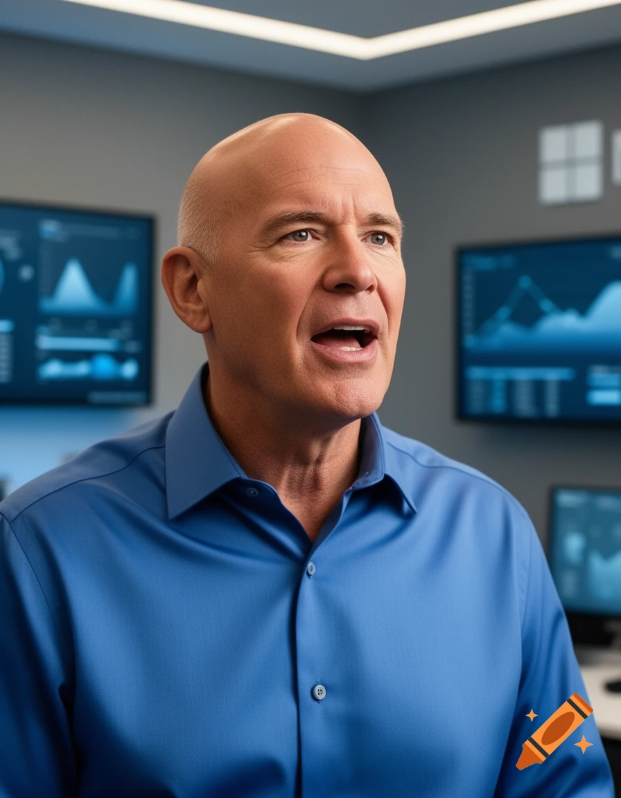 A bald man in a blue shirt, with his mouth open, speaking in a modern office with multiple screens displaying data graphs.
