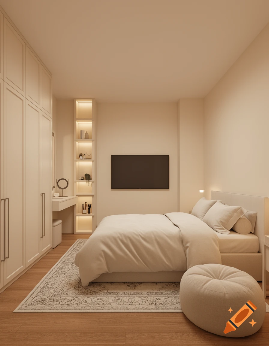 A cream-colored minimalist bedroom with a bed, TV, wardrobe, vanity, illuminated shelf, rug, and pouf.