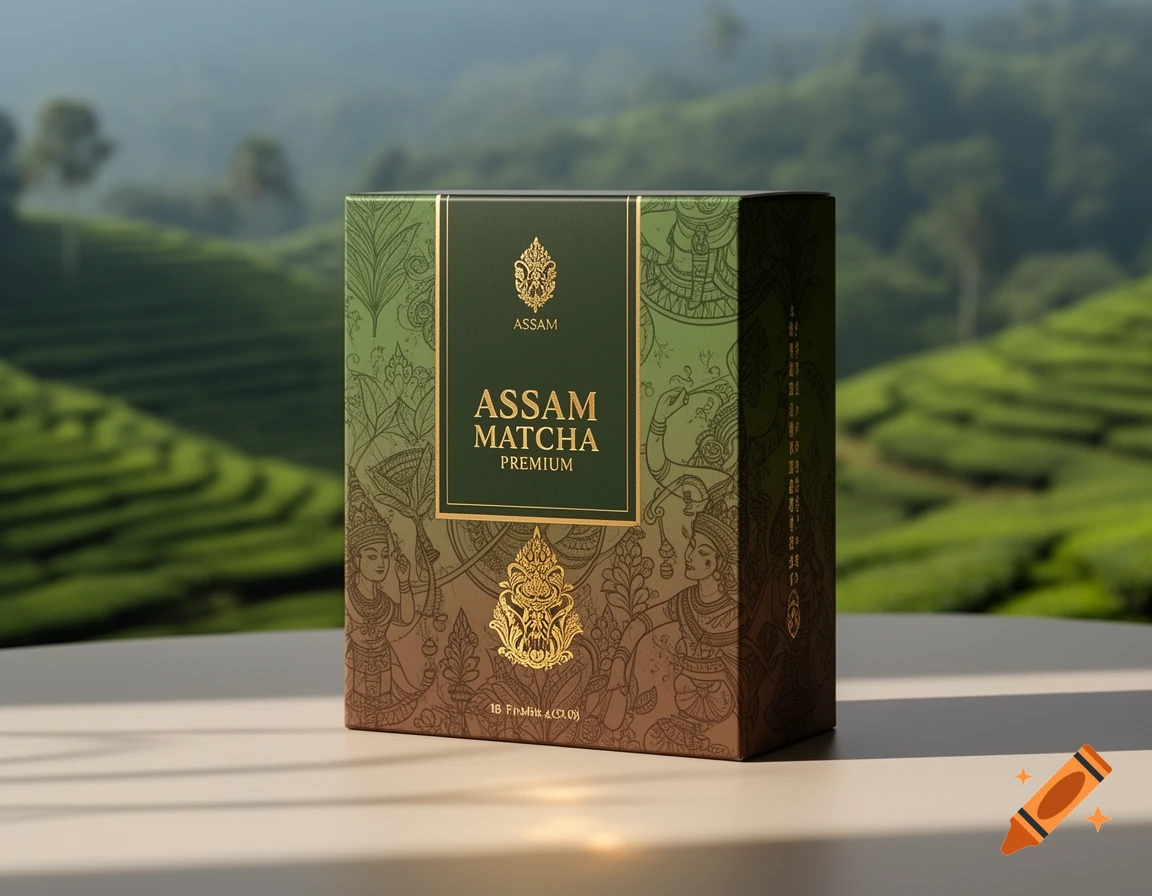 A dark green and gold box of Assam Matcha Premium tea sits on a white surface, with a lush green tea plantation blurred in the background.