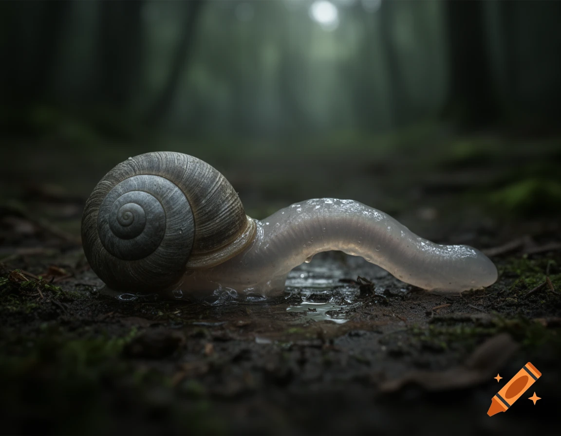 Close-up photorealistic image of a translucent, snail-like creature with a spiral shell crawling on a muddy forest floor, light dappling through trees.