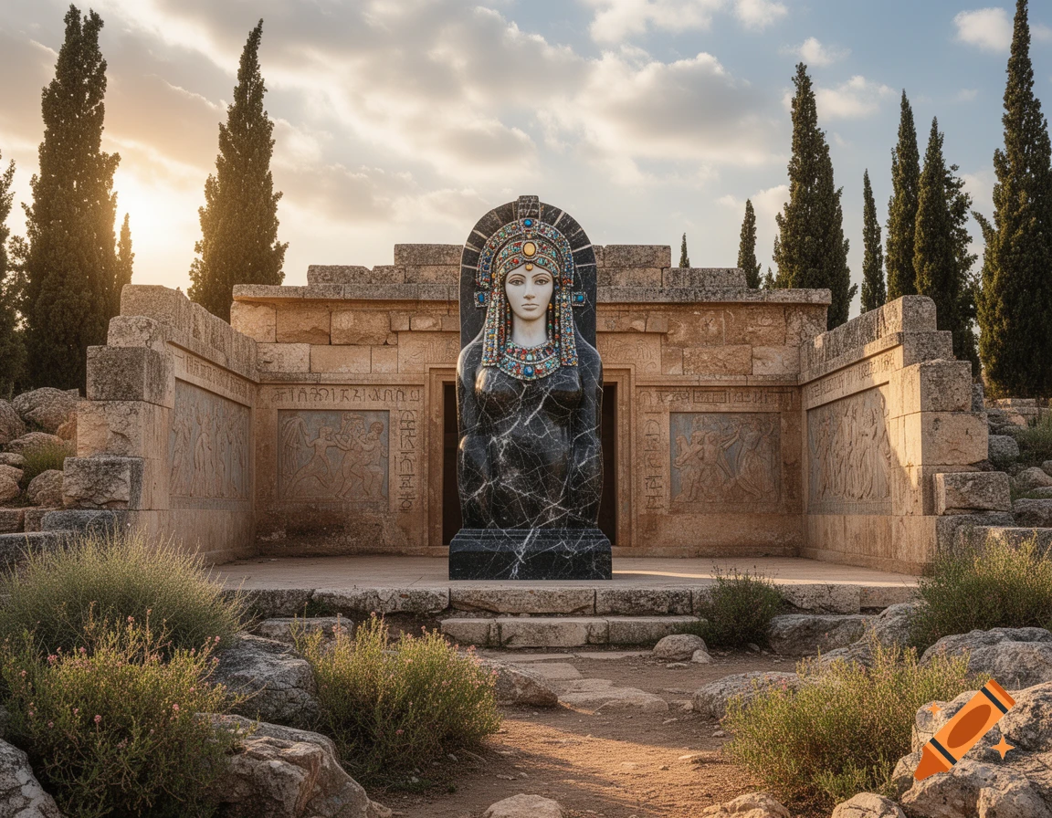 A photorealistic image of a beautiful goddess statue with a colorful headdress in an ancient stone temple courtyard surrounded by cypress trees and desert plants under a sunset sky.