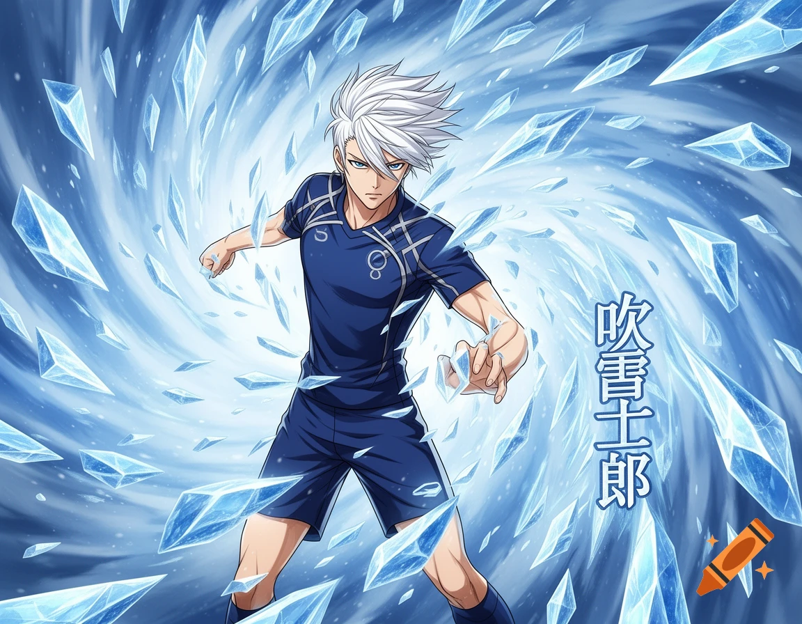 Anime male with white spiky hair and blue eyes in a dark blue uniform, surrounded by swirling ice shards.