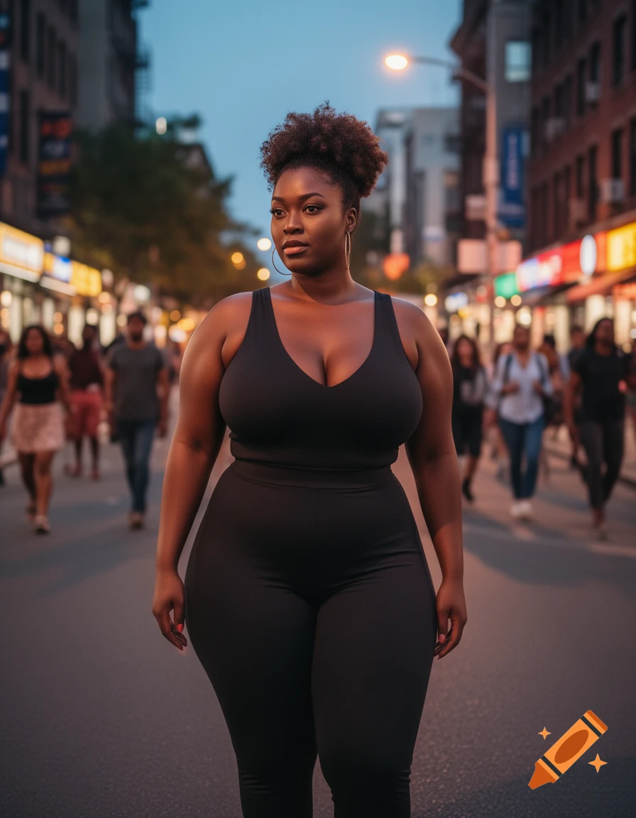 A full-figured Black woman in a black top and leggings walks confidently on a busy city street at dusk, looking to her right.