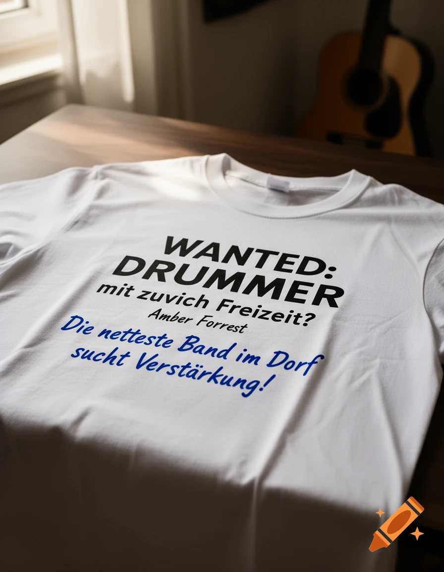 White t-shirt with 'WANTED: DRUMMER mit zuvich Freizeit? Amber Forrest Die netteste Band im Dorf sucht Verst u00e4rkung!' text on a wooden table.