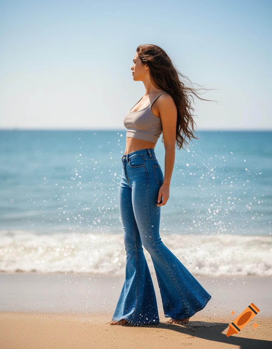 A woman in a gray crop top and blue bell-bottom jeans walks barefoot on a sandy beach with water splashing under a clear sky.