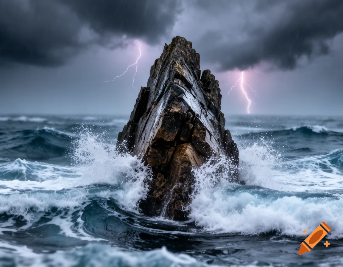 A tall, jagged rock in a stormy ocean with crashing waves and lightning under dark clouds, photorealistic.