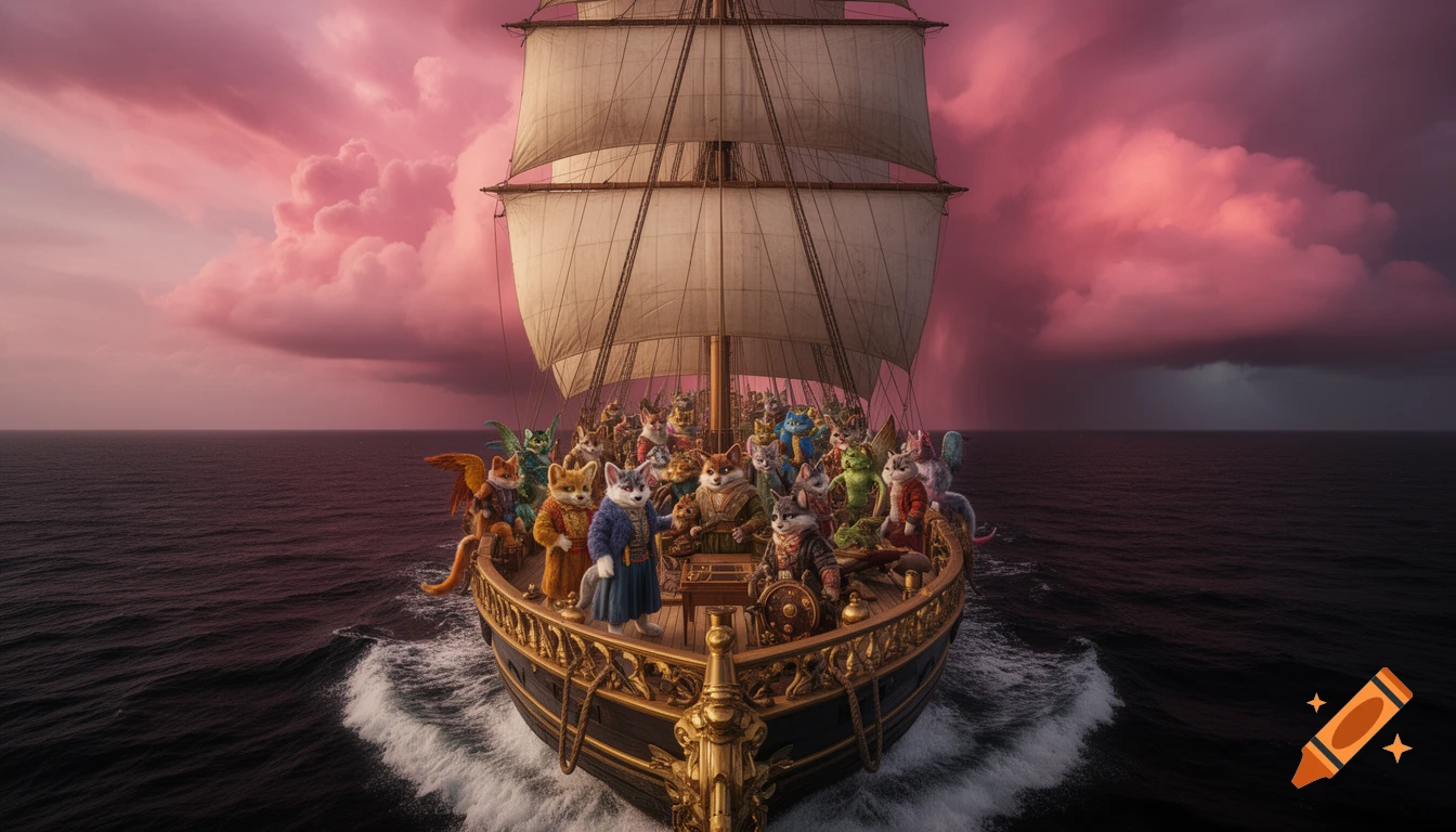 A grand sailing ship filled with anthropomorphic cat-like creatures sails through dark waters under a dramatic pink storm sky.