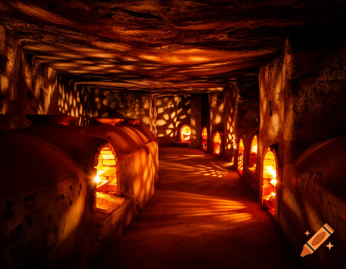 A dimly lit underground tunnel lined with glowing clay ovens, casting warm light patterns on the rough-hewn walls and ceiling.