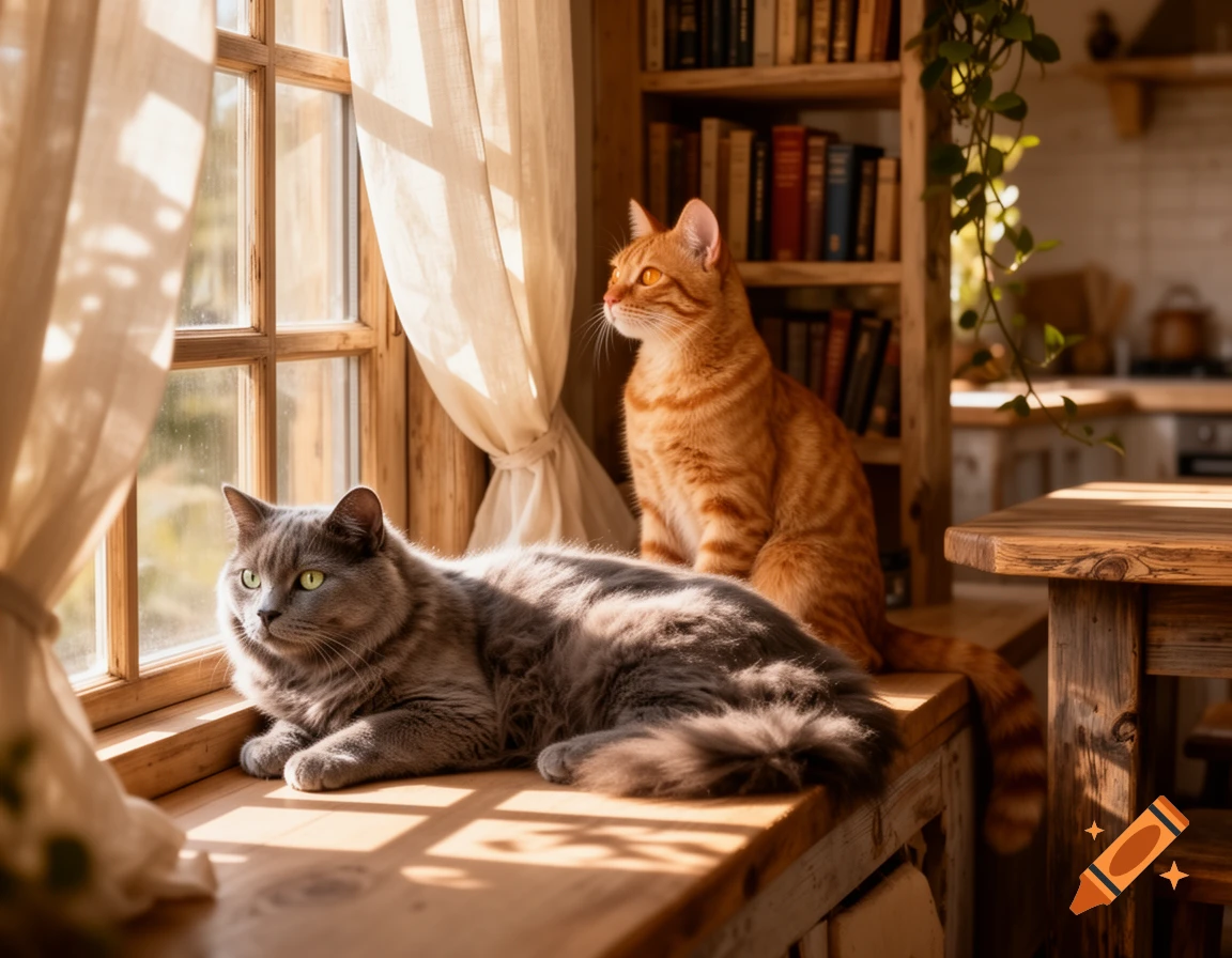 A grey cat lies on a wooden window sill, while an orange tabby cat sits next to it. Sunlight streams through the window in a cozy room.