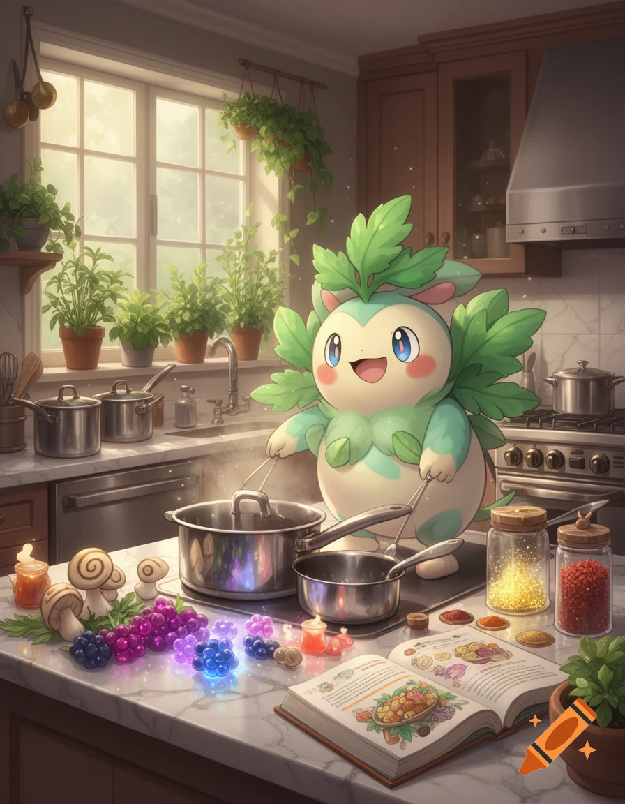 A cute, plant-like Pokémon cooks in a well-lit kitchen, stirring pots and surrounded by fresh ingredients and an open cookbook.