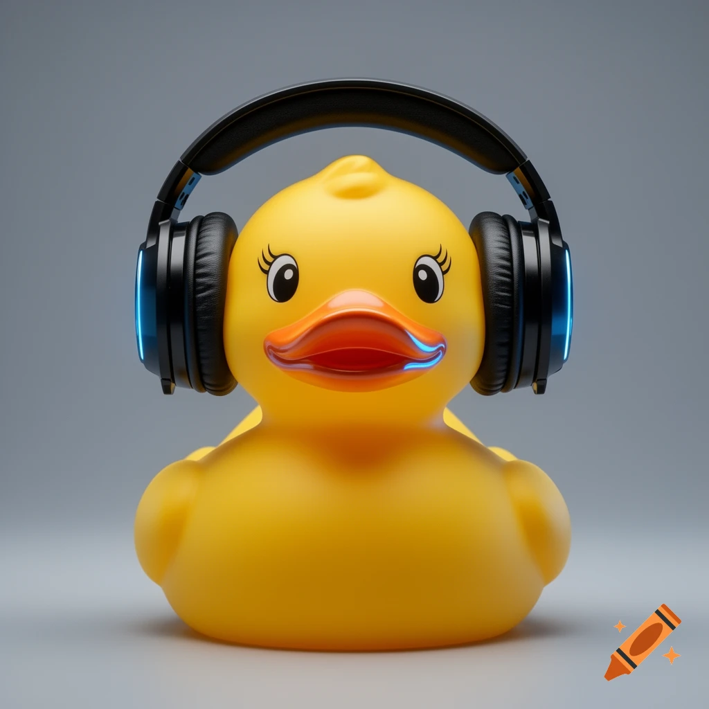 Photorealistic yellow rubber duck wearing black gaming headphones with blue illuminated accents against a grey background.