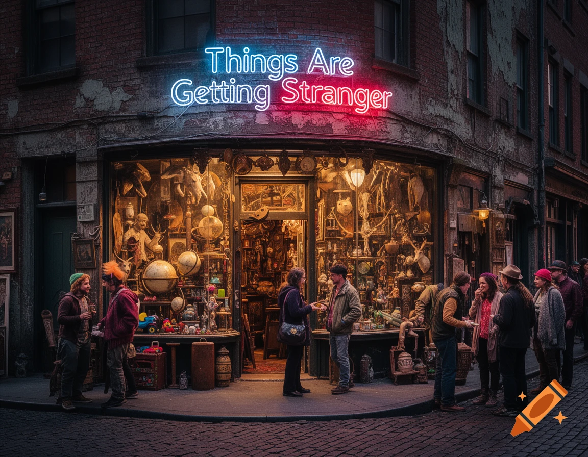 A neon sign "Things Are Getting Stranger" illuminates an antique shop at dusk, with people gathered on a cobblestone street.