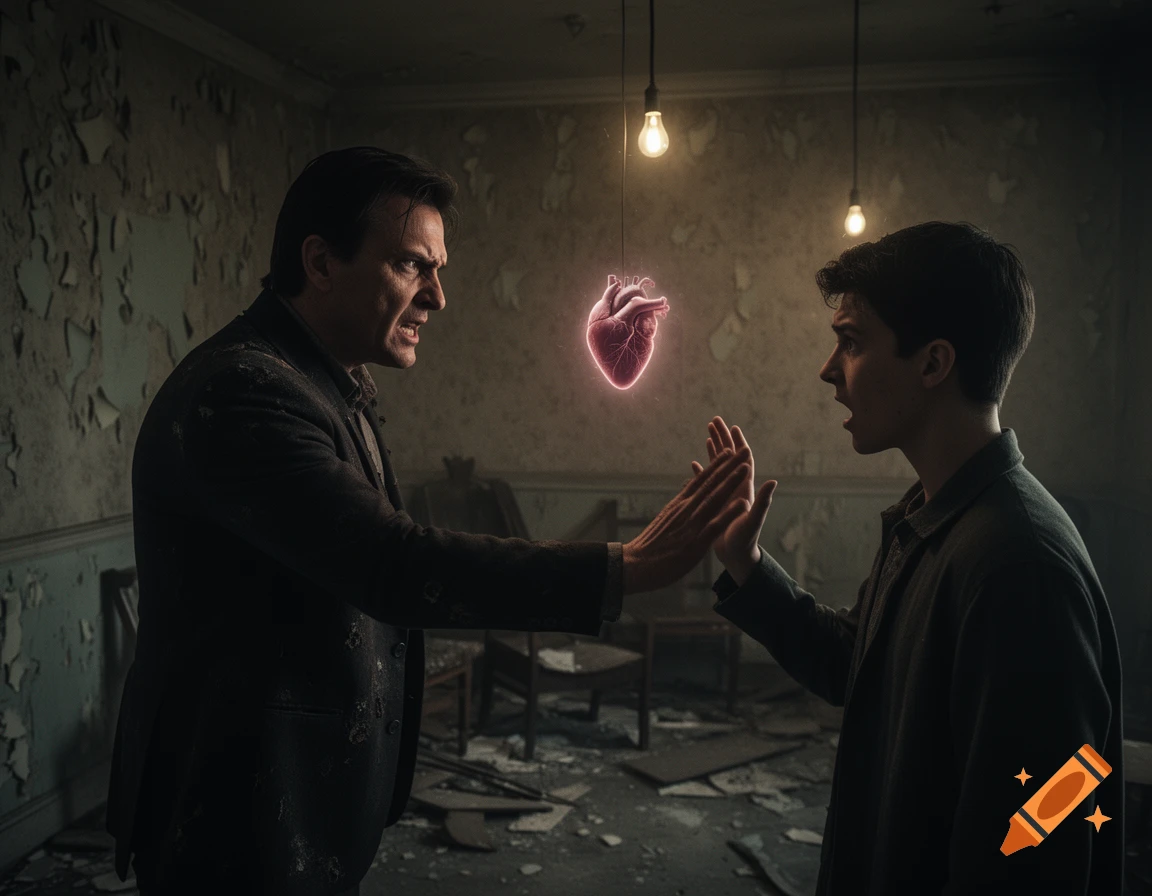 An angry older man reaches for a glowing heart between him and a shocked younger man in a dilapidated room.