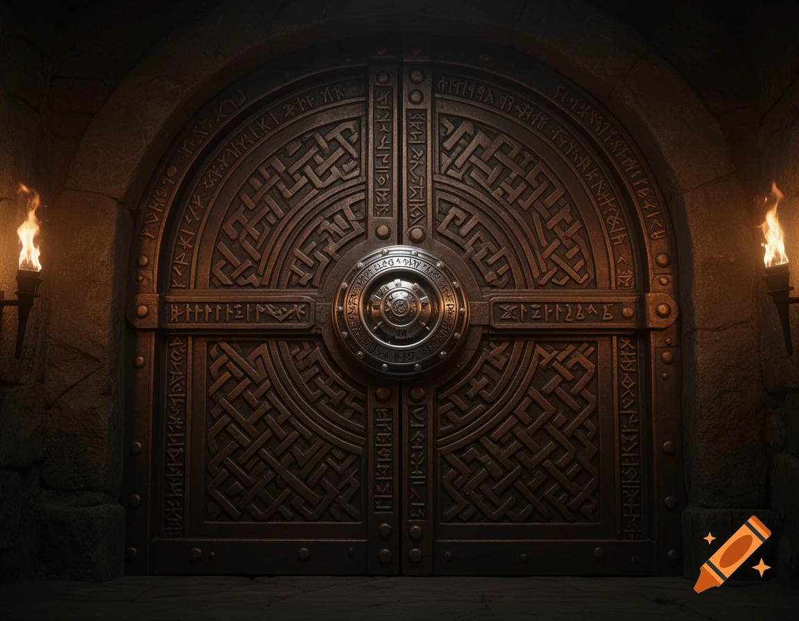 An ornate dwarven vault door with intricate patterns, a central circular lock, and two lit torches in a stone archway.