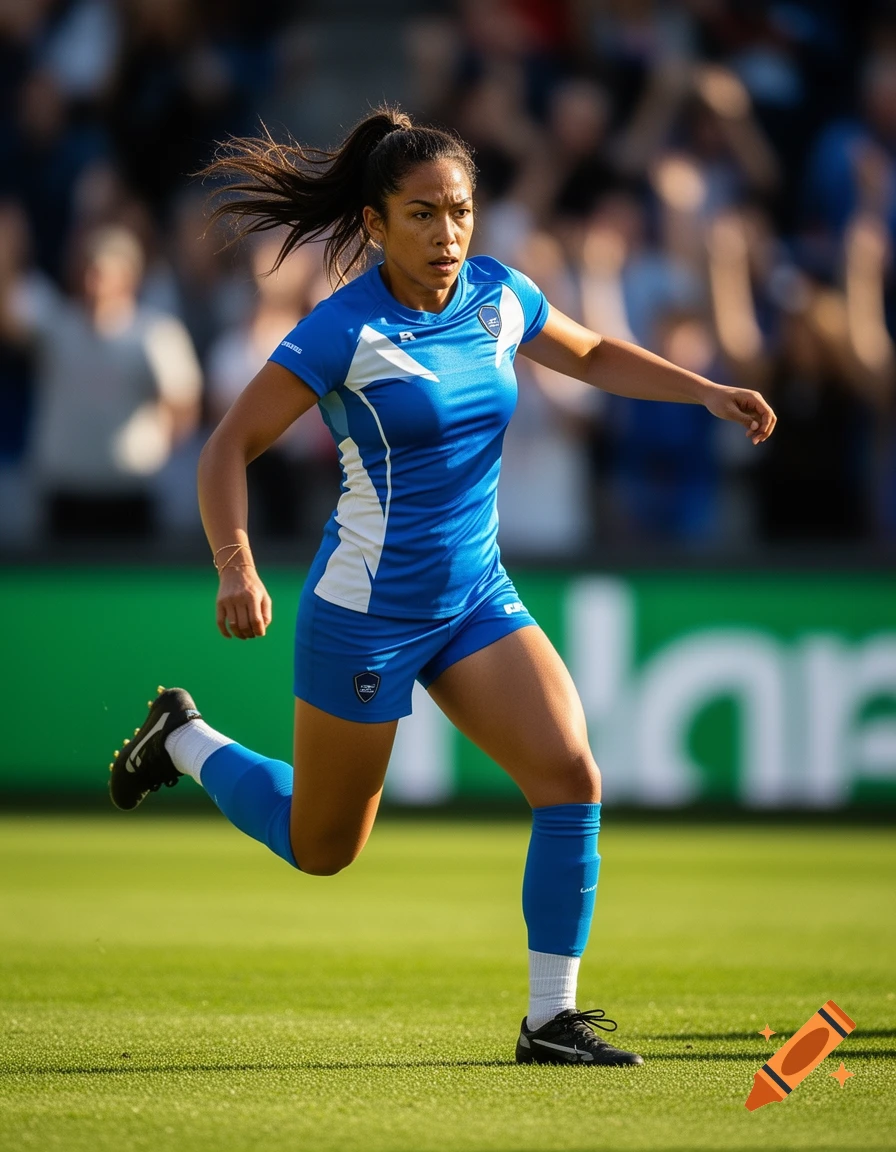 A female soccer player in a blue and white uniform runs across a green field with a blurred crowd in the background.