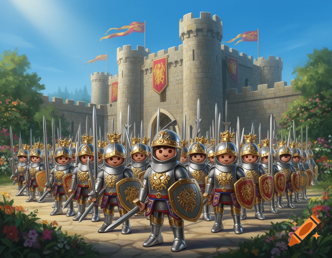 A Playmobil knight army stands in formation before a majestic stone castle under a clear sky.