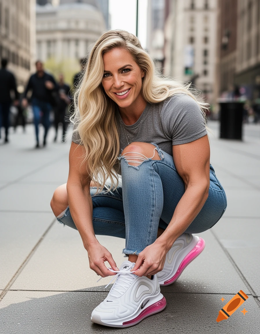 A smiling muscular blonde woman in ripped jeans and a grey t-shirt crouches on a city street to tie white Nike Air Max 720 sneakers with pink soles.