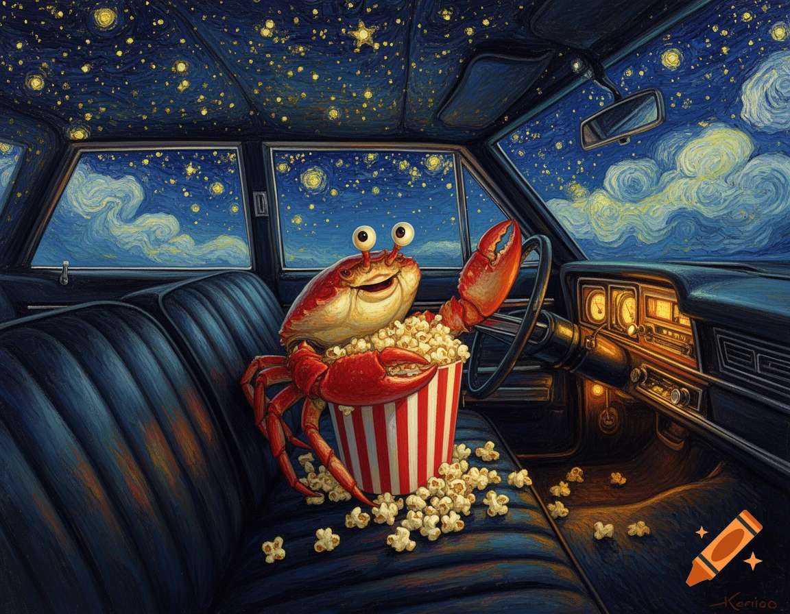 A whimsical Van Gogh style painting of a red crab with big eyes eating popcorn in a car under a starry night sky.