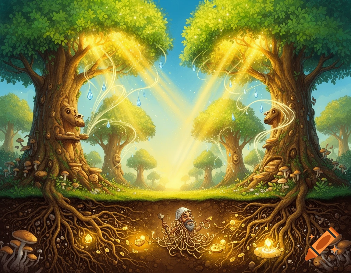 Vibrant illustration of a fantasy forest with anthropomorphic trees, sunlight, and a root-man surrounded by glowing treasures underground.