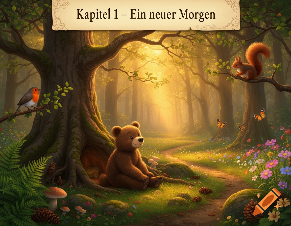 A cute bear sits by a tree in a sunlit fantasy forest with a robin, squirrel, butterflies, and flowers, under a 'Kapitel 1' banner.