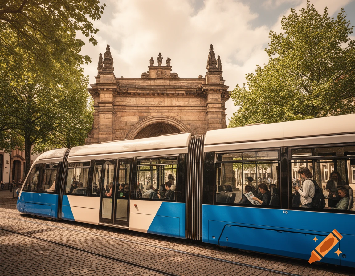Photorealistic blue and white tram on cobblestone tracks passing a historic stone archway and trees in a sunny city.