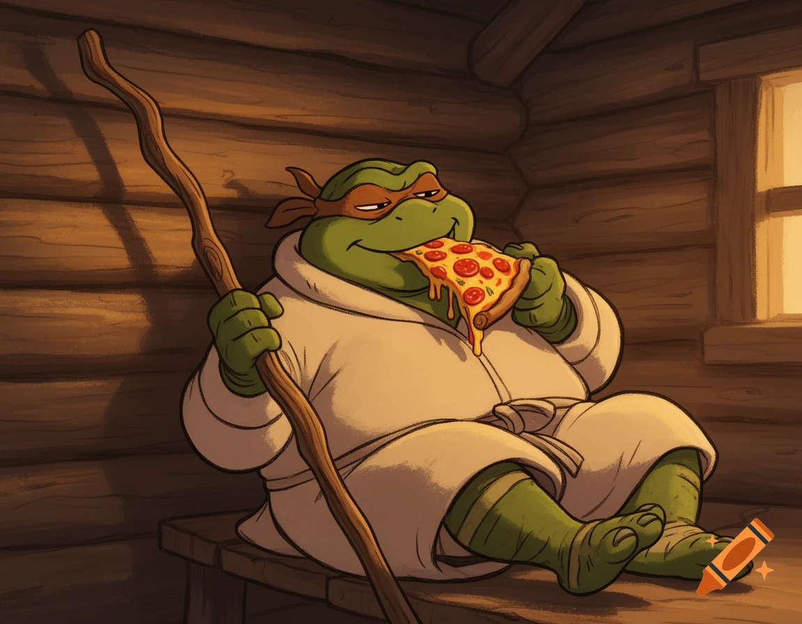 A fat, robed, turtle-like character eats a slice of pepperoni pizza in a cozy wooden cabin, cartoon style.