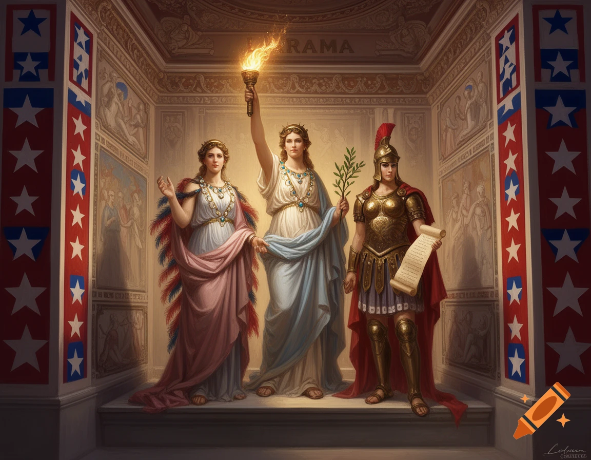 Three allegorical female figures in classical attire stand in a Roman-style shrine decorated with American flag motifs.