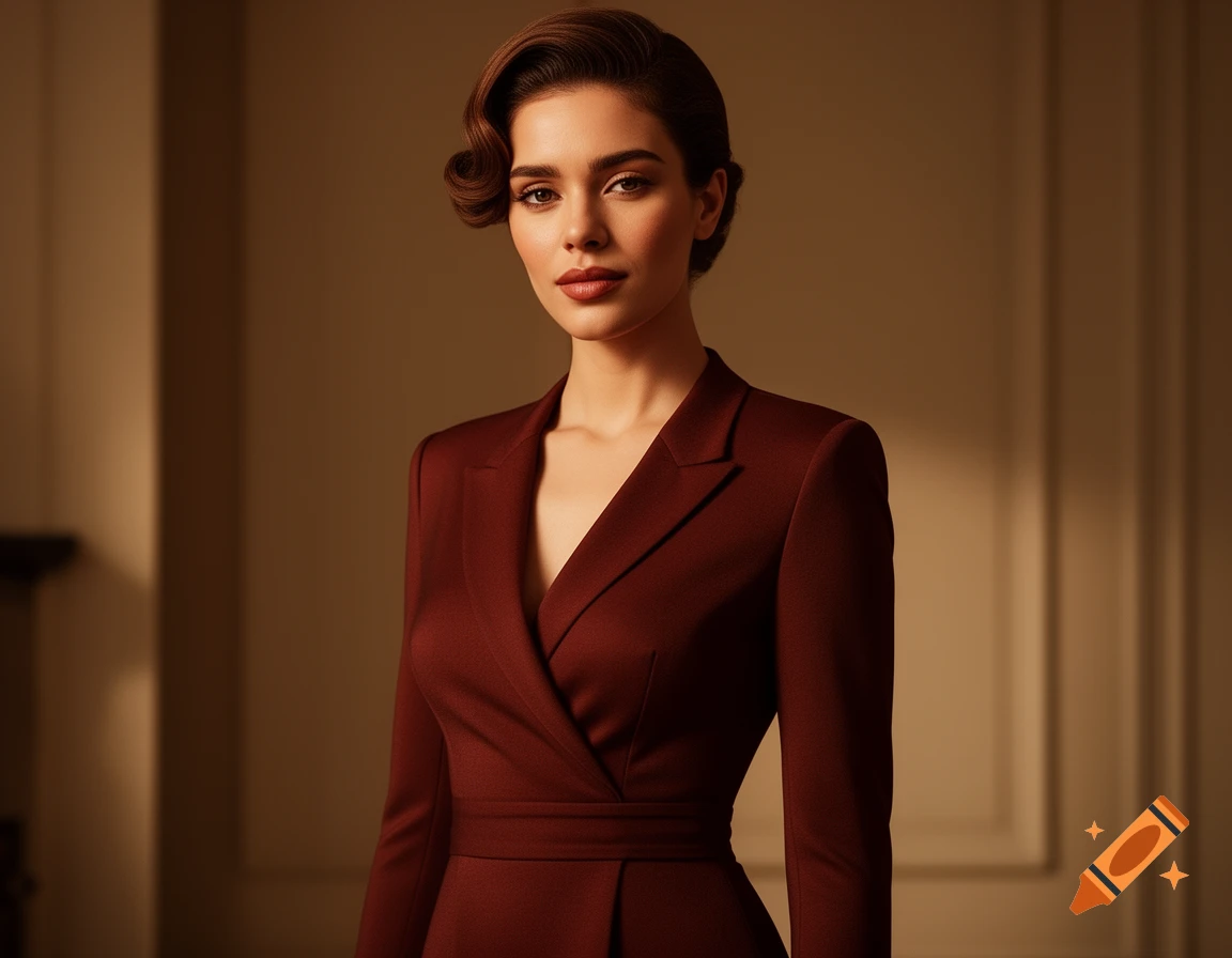 Elegant woman in a dark red wrap dress with a classic hairstyle, posing in a softly lit, sophisticated room. Photorealistic.