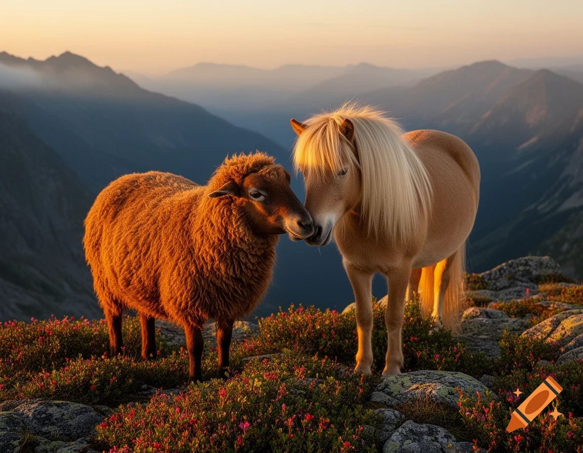 A fluffy brown sheep gently nuzzles a blonde horse on a mountain summit covered in flowering plants, bathed in warm sunrise light.