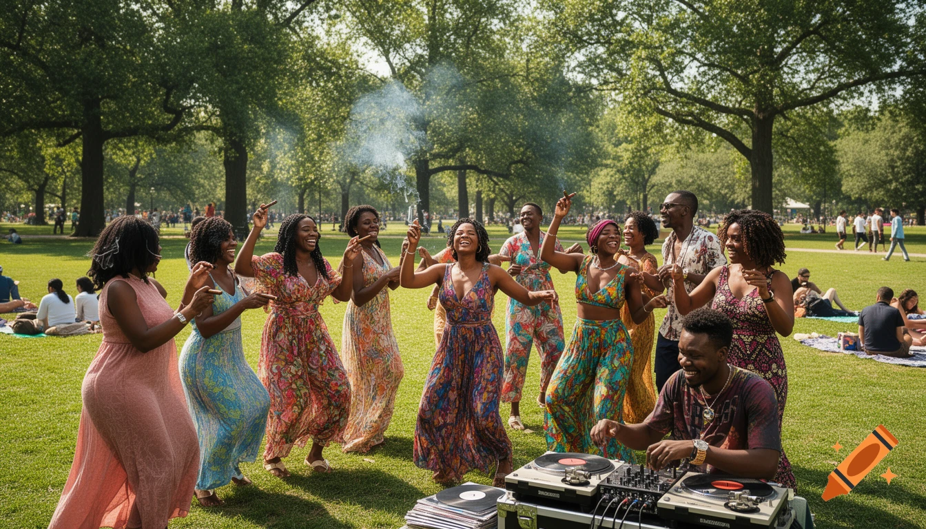 A vibrant group of Black men and women dance joyfully in a sunny park as a DJ plays music from turntables, with some people smoking cigars.