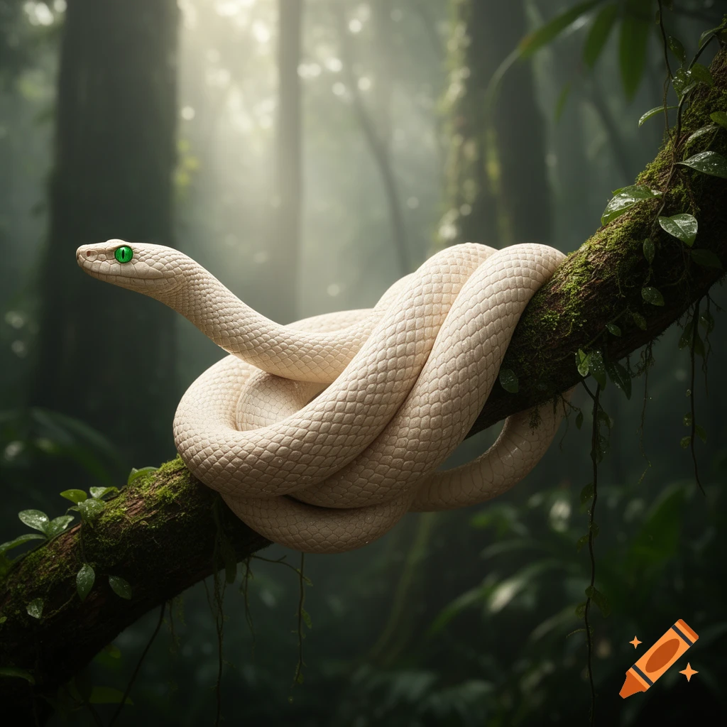 A white snake with vibrant green eyes is coiled around a mossy tree branch in a lush, misty jungle, photorealistic.